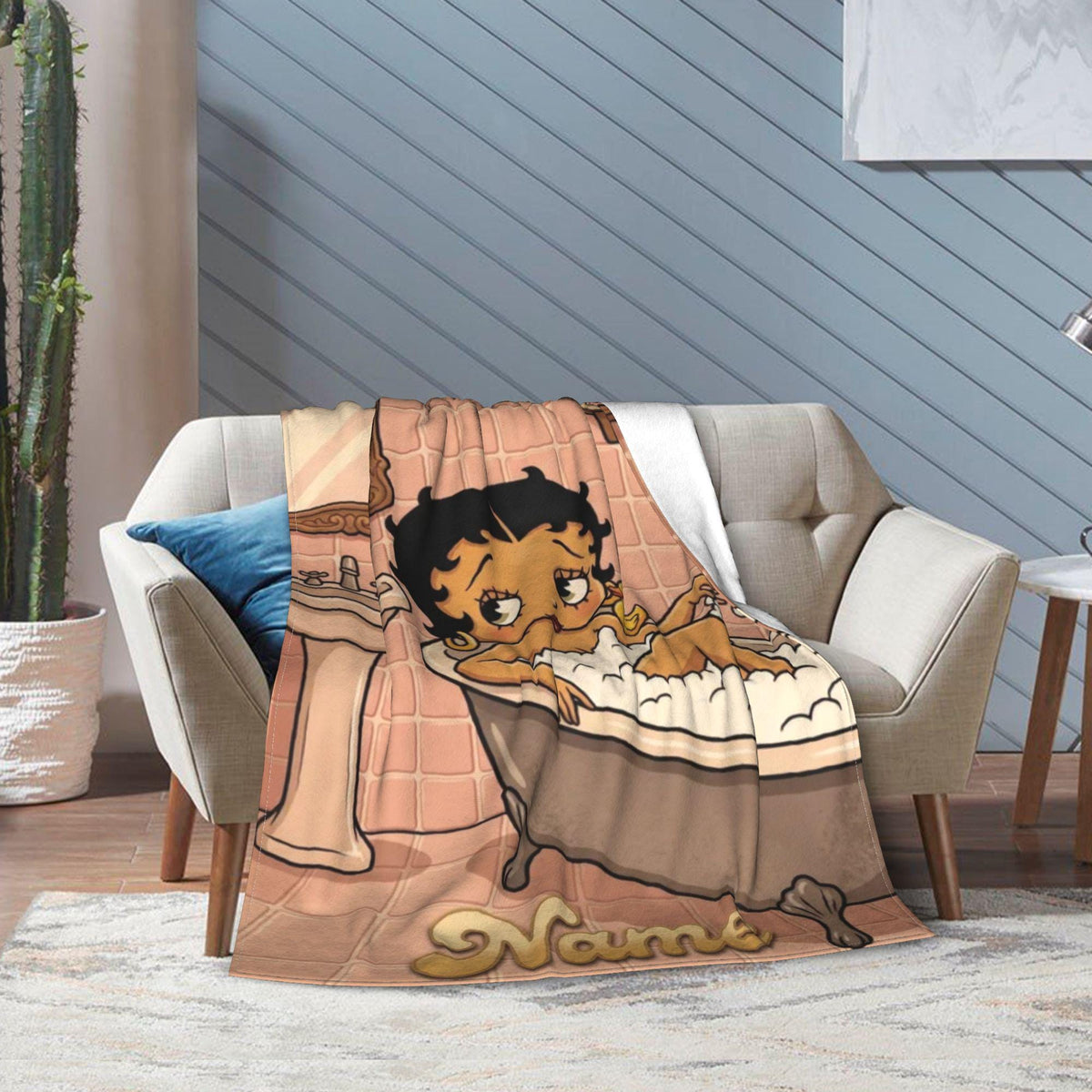 Personalized Bubble Bath Betty Boop Fleece Blanket, Custom Name Pink Bathroom Flannel Throw Blanket for Bed Sofa, Cute Spa Decor Gift