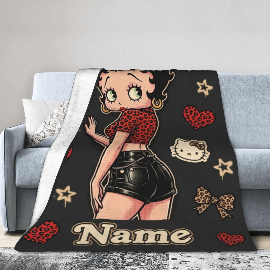 Trendy Leopard Heart Betty Boop Fleece Blanket, Custom Name Y2K Bow Flannel Throw Blanket for Couch Sofa, Cool Aesthetic Bedroom Gift