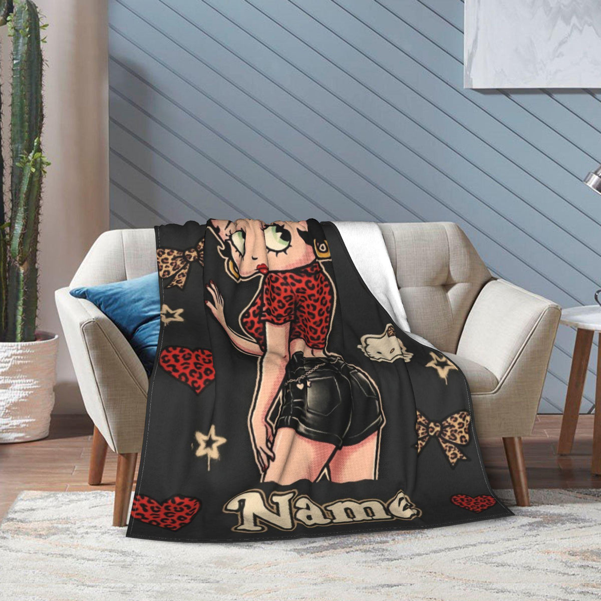 Trendy Leopard Heart Betty Boop Fleece Blanket, Custom Name Y2K Bow Flannel Throw Blanket for Couch Sofa, Cool Aesthetic Bedroom Gift