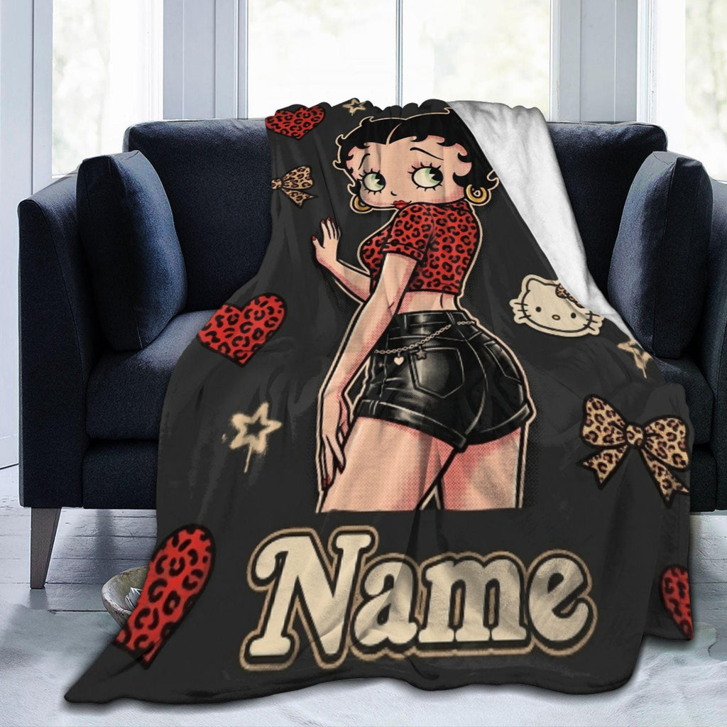 Trendy Leopard Heart Betty Boop Fleece Blanket, Custom Name Y2K Bow Flannel Throw Blanket for Couch Sofa, Cool Aesthetic Bedroom Gift