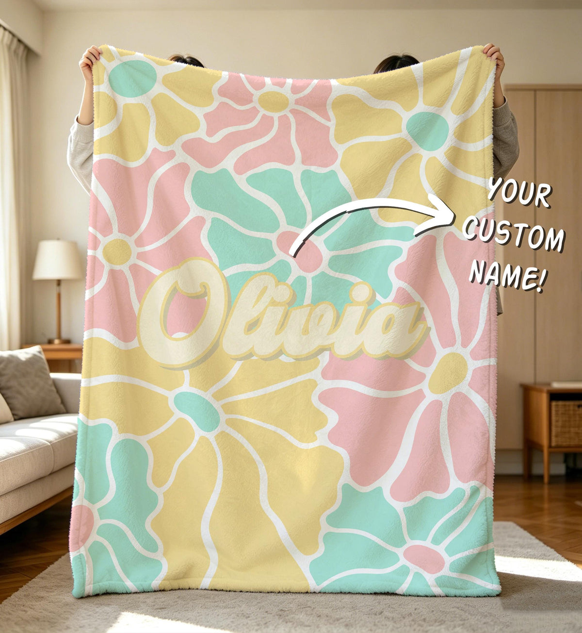 Custom Girl Flower Blanket,Personalized Teen Flannel Throw,Kid Throw,Vintage Name Blanket,Teen Bedroom Decor,Preppy Name Blanket Party Favor