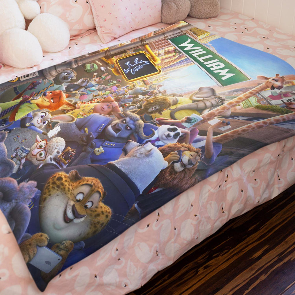 Custom Name Zootopia Fleece Blanket, Personalized Cute Animal Kids Throw, Birthday Gift for Boys Girls,Disney Zootopia Nursery Bedding Decor