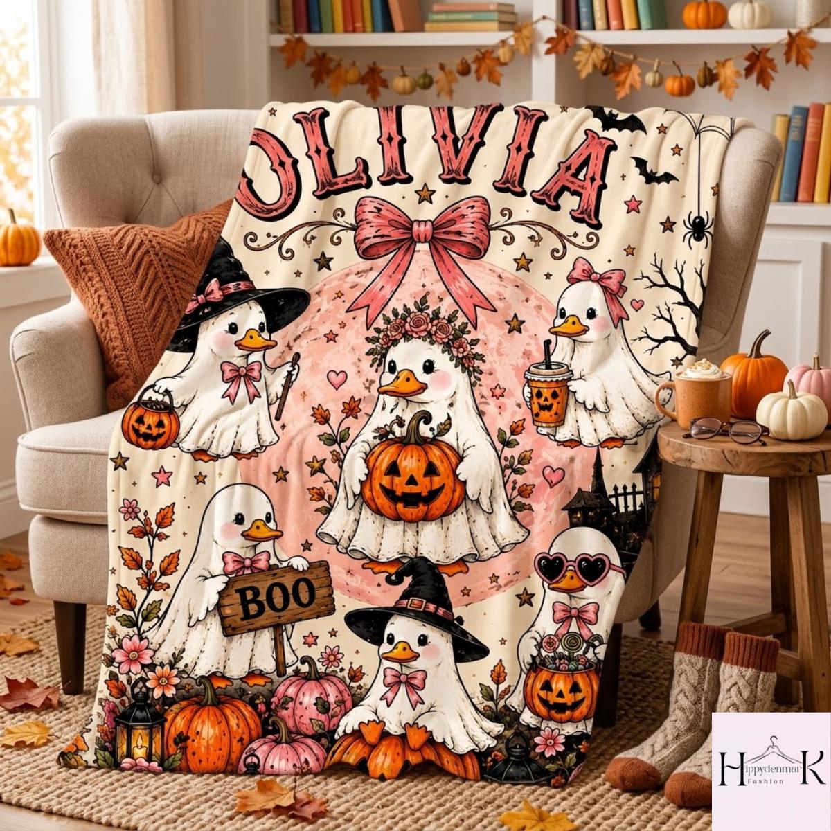 Personalized Halloween Goose Blanket, Custom Name Ghost Goose Fleece Throw, Pink Pumpkin Witchy Blanket, Cute Spooky Season Gift for Girls