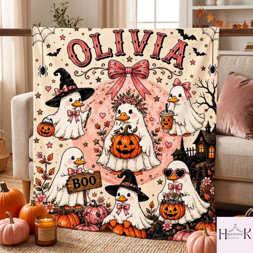 Personalized Halloween Goose Blanket, Custom Name Ghost Goose Fleece Throw, Pink Pumpkin Witchy Blanket, Cute Spooky Season Gift for Girls