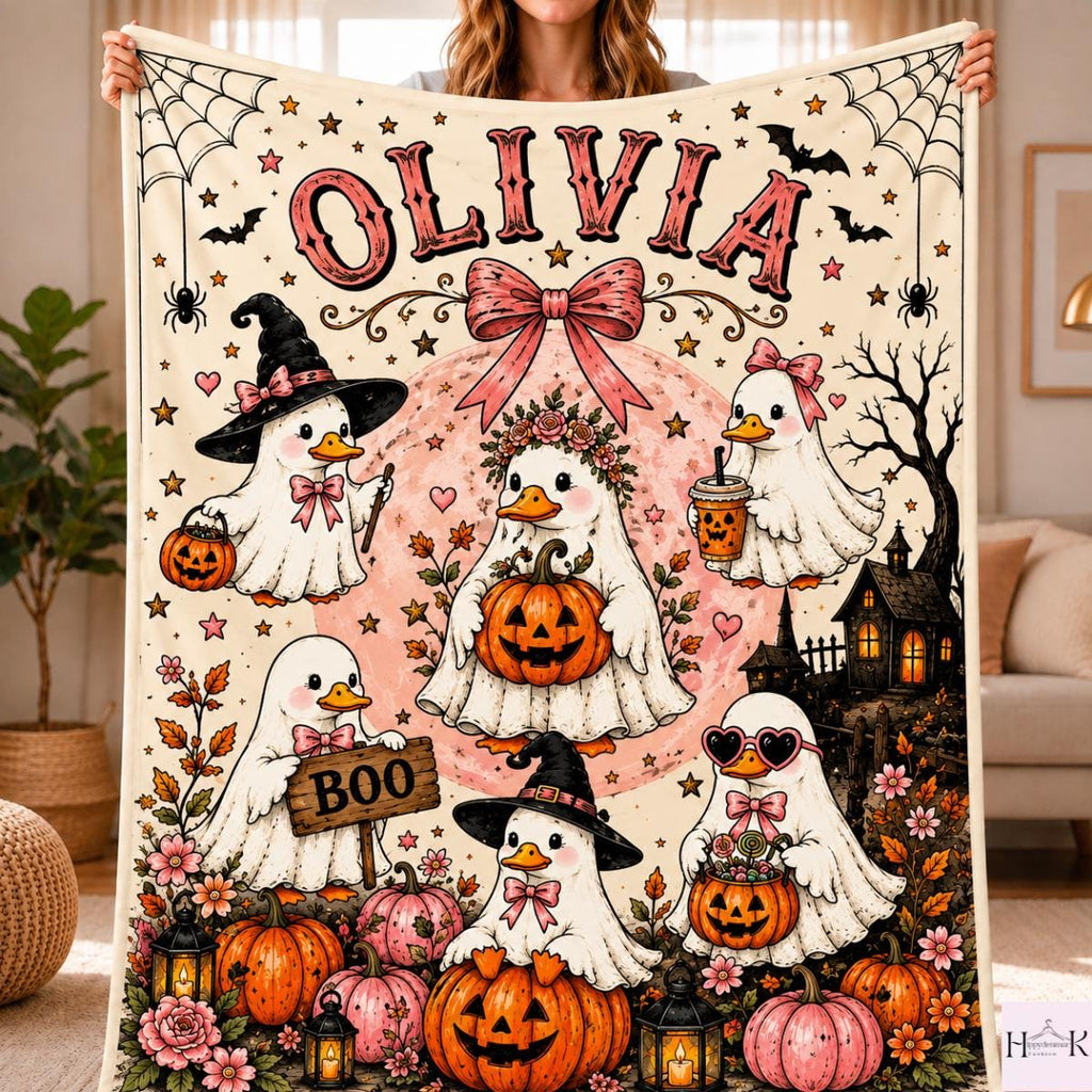 Personalized Halloween Goose Blanket, Custom Name Ghost Goose Fleece Throw, Pink Pumpkin Witchy Blanket, Cute Spooky Season Gift for Girls