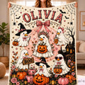Personalized Halloween Goose Blanket, Custom Name Ghost Goose Fleece Throw, Pink Pumpkin Witchy Blanket, Cute Spooky Season Gift for Girls