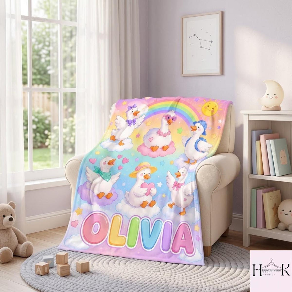 Personalized Back to School Goose Blanket, Custom Name Rainbow Fleece Throw, Cute School Goose Blanket, First Day of School Gift