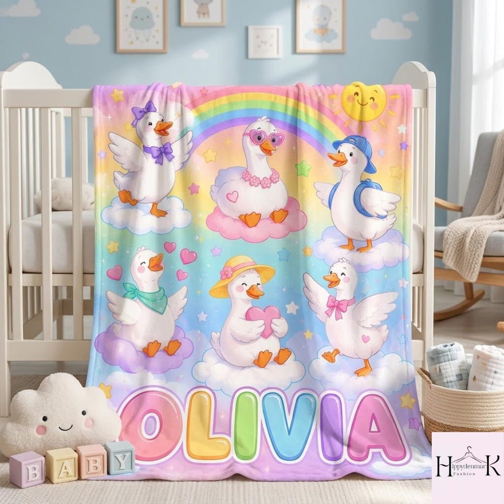 Personalized Back to School Goose Blanket, Custom Name Rainbow Fleece Throw, Cute School Goose Blanket, First Day of School Gift