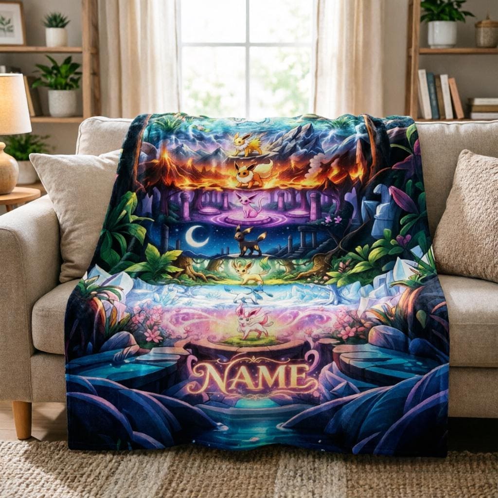 Custom Name Eevee Evolution Scenic Blanket Throw,Magical Forest Fleece Throw,Kid Pokemon Lover Decor Gift