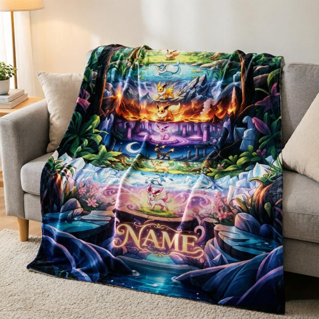 Custom Name Eevee Evolution Scenic Blanket Throw,Magical Forest Fleece Throw,Kid Pokemon Lover Decor Gift