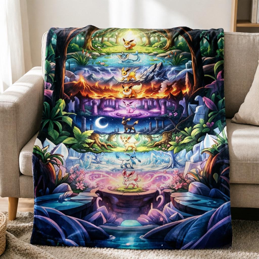 Custom Name Eevee Evolution Scenic Blanket Throw,Magical Forest Fleece Throw,Kid Pokemon Lover Decor Gift