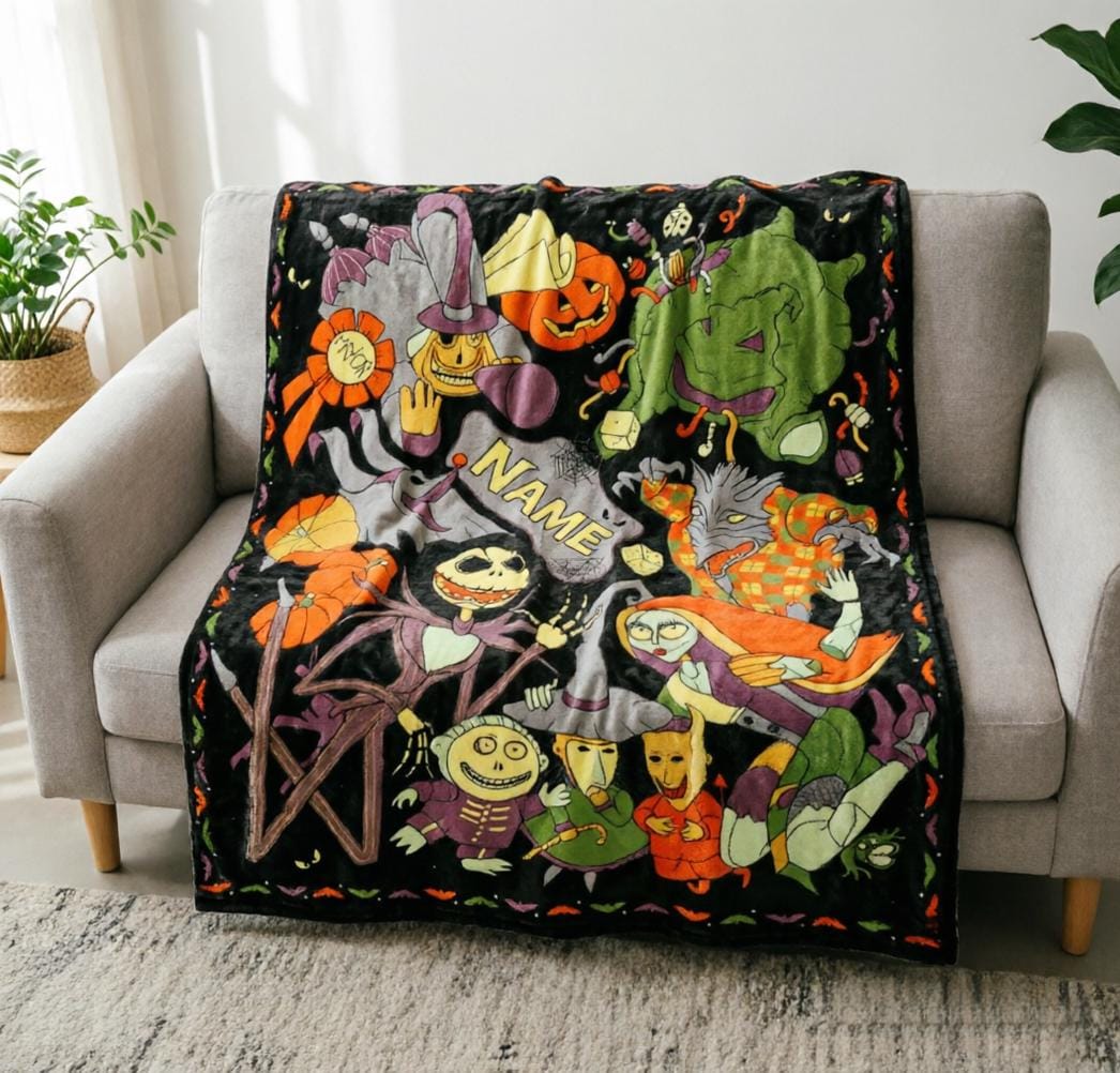 Personalized Nightmare Before Christmas Blanket Soft Throw, Custom Name Halloween Throw, Jack Skellington Kids Blanket, Spooky Gift