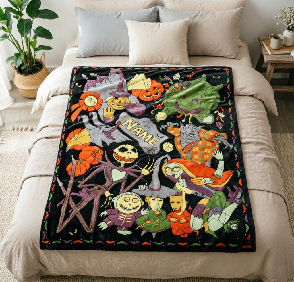 Personalized Nightmare Before Christmas Blanket Soft Throw, Custom Name Halloween Throw, Jack Skellington Kids Blanket, Spooky Gift