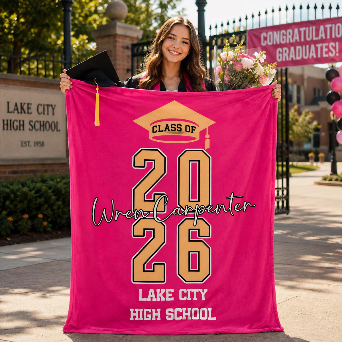 Personalized College Graduate Blanket,Cozy Flannel Throw,Senior School Color Blankets,School Name Throw,Grad Keepsake,Present from Mom Dad