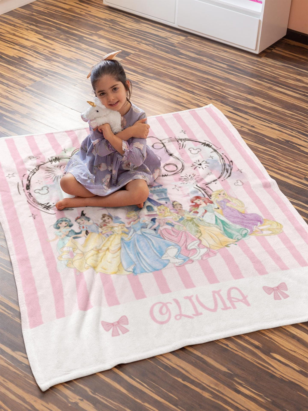 Personalized Disney Princess blanket, Watercolor Castle Coquette bows Blanket, Belle Rapunzel Tiana Ariel Elsa blanket, Birthday Girl gift
