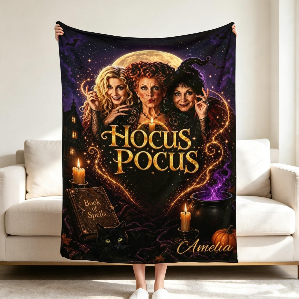 Personalized Witch Sisters Blanket, Custom Name Halloween Throw, Spooky Witchcore Gift