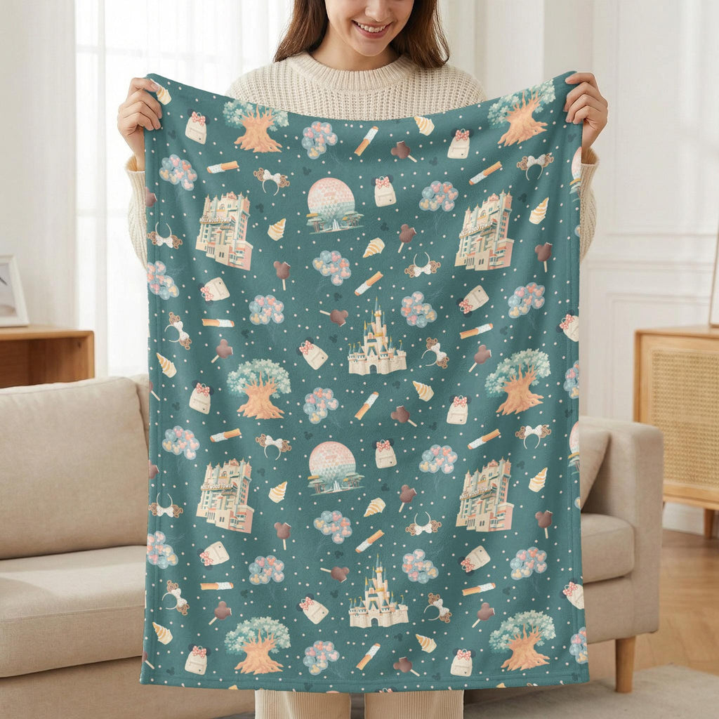 Kids Disney Blanket, Magic Kingdom Castle & Tower of Terror Pattern, Cozy Travel Souvenir Throw for Children, Fun Trip Gift