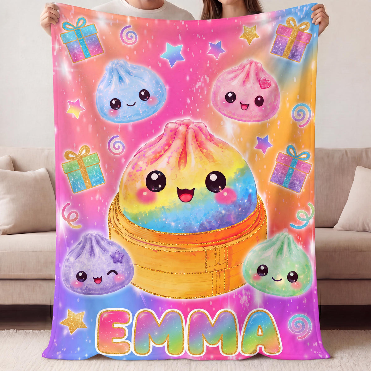 Personalized Kawaii Blanket for Kids, Custom Name Flannel Throw, Rainbow Dumpling Bao, Fidget Toy Sensory Blanket, Birthday Gift for Girls