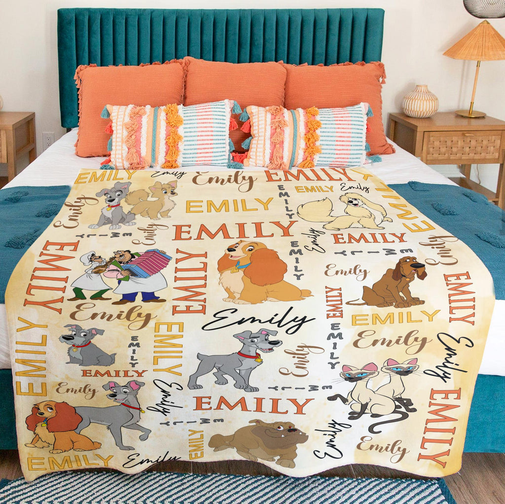 Personalized Lady and the Tramp Blanket, Custom Disney Dog Name Blanket, Baby Girl Throw,Kids Birthday Gift, Nursery Decor,Dog Lover Blanket
