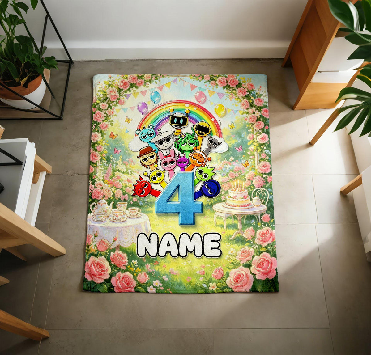 Sprunki Game 4th Birthday Personalized Fleece Throw Blanket, Children's Milestone Gift