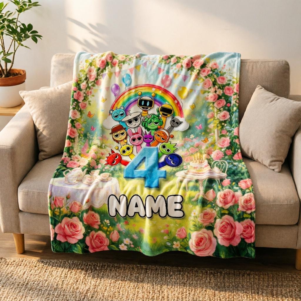 Sprunki Game 4th Birthday Personalized Fleece Throw Blanket, Children's Milestone Gift