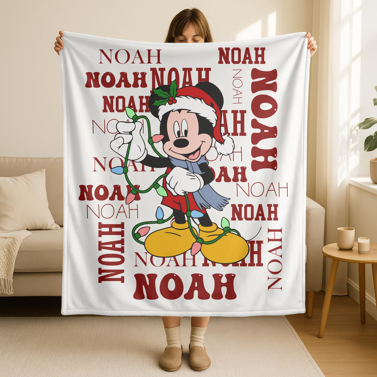 Custom Mickey Mouse Christmas Blanket, Mickey Blanket, Disneyland Mickey Santa Claus Christmas Blanket, Mickey Christmas Lights Blanket