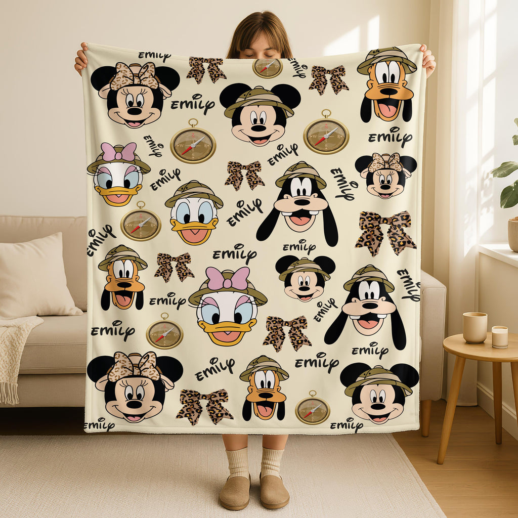 Custom Name Mickey Mouse Safari Baby Blanket, Personalized Disney Mickey Mouse Fleece Blanket, Cozy Magic Kingdom Decor,Disney Birthday Gift