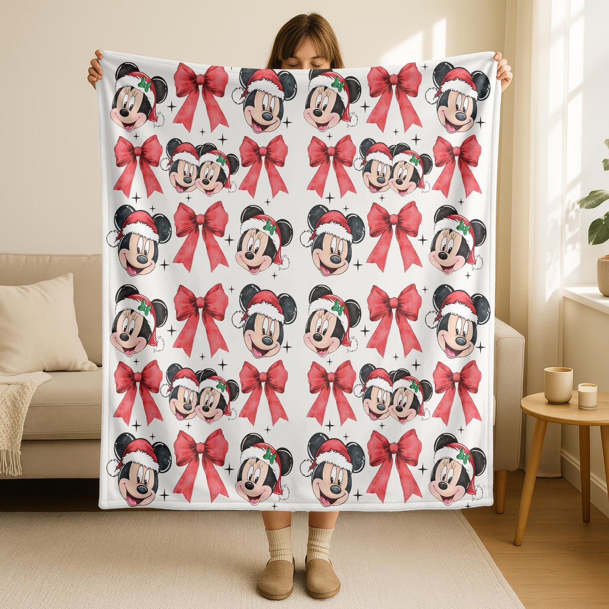 Mickey And Minnie Bow Christmas Blanket, Red Bow Christmas Woven Blanket, Mickey And Minnie Christmas Blanket, Disney Christmas Blanket