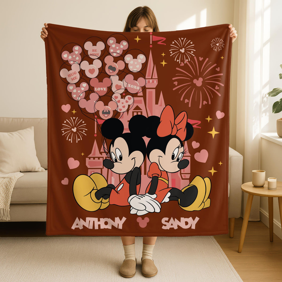Personalized Mickey Minnie Mouse Valentine Blanket, Disney Castle Valentine Blanket, Magic Kingdom Blanket Gift for Her, Gift for Girlfriend