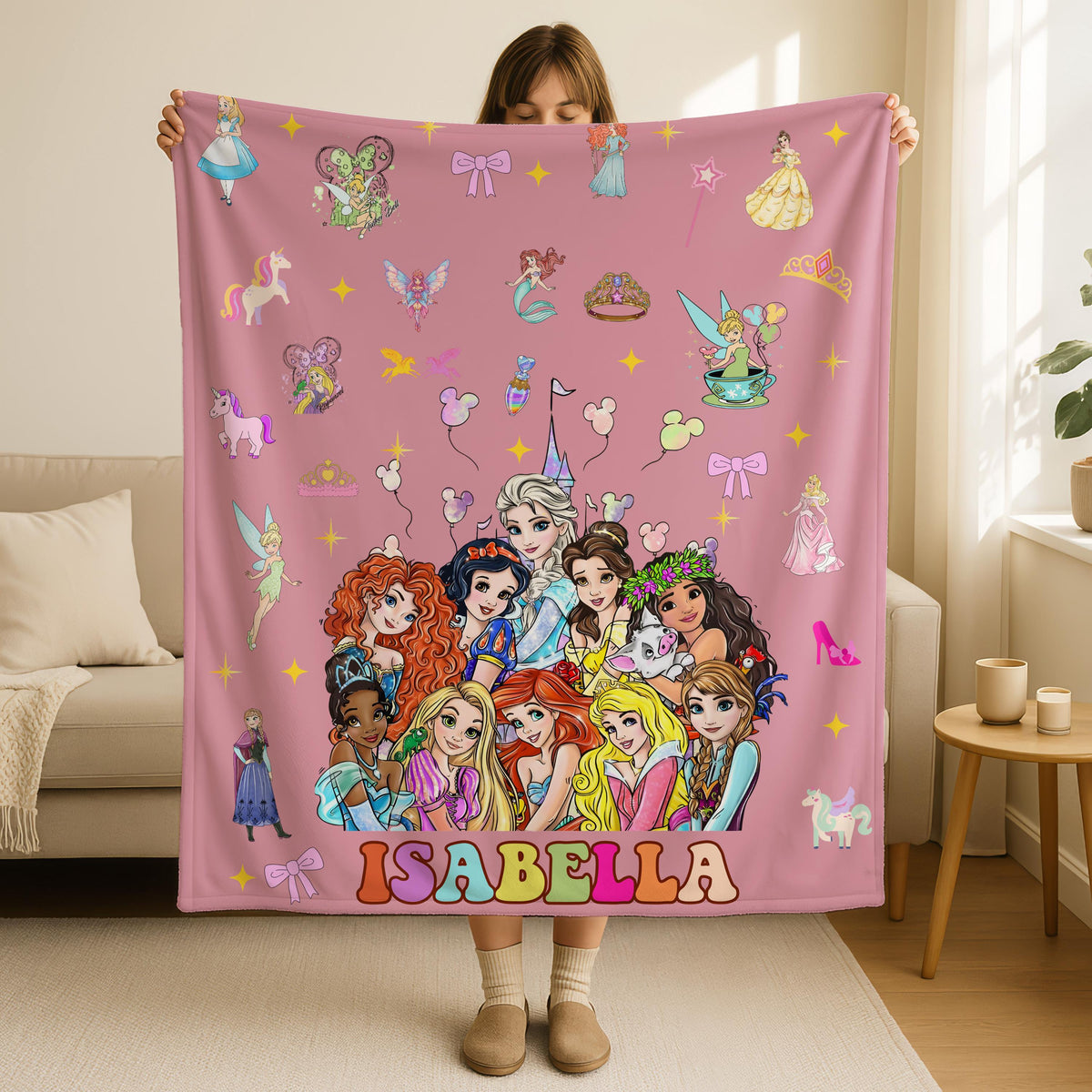 Custom Disney Princess Blanket,Disney Princesses Squad Blanket, Birthday Girl Boy Gift Blanket, Christmas Gift Disneyland Princess Blanket