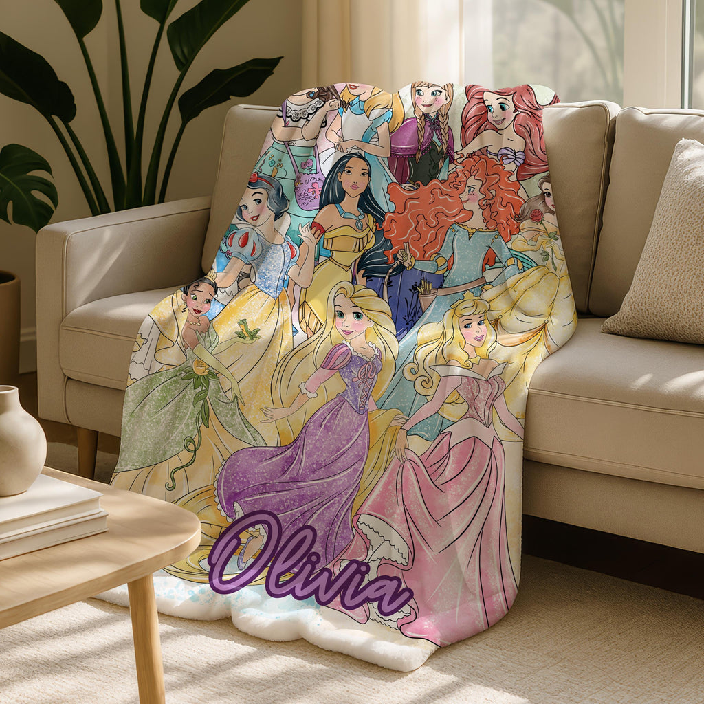 Custom Princess Blanket With Name,Bedroom Decor Girly Gift Ideas,Christmas Travel Blanket,Princess Lover Blanket,Princess Gift For Girls