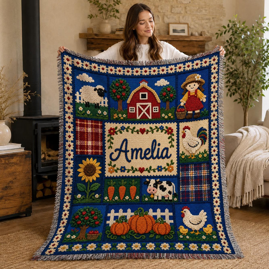 Personalized Farm Blanket, Custom Name Farmhouse Blanket, Crochet Style Throw, Country Farm Gift, Cow Chicken Sunflower Blanket
