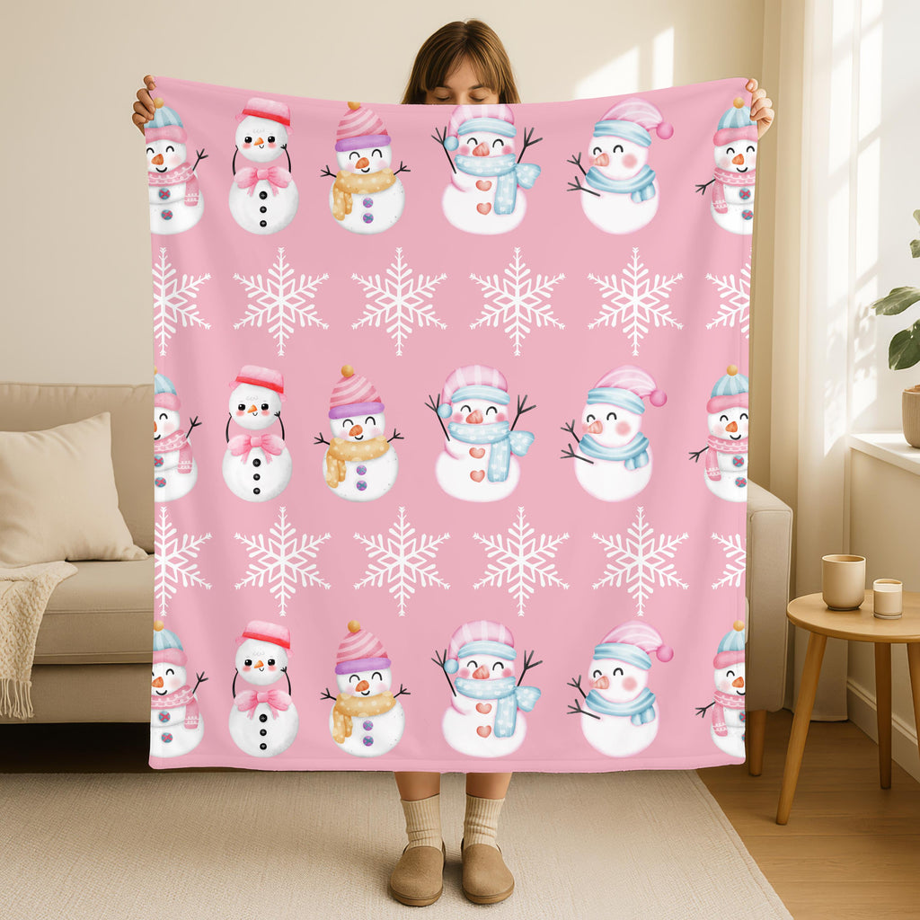 Pink Snowman Blanket, Winter Christmas Indoor Decoration, Snowflakes Great Christmas Gift, Cozy Holiday Gift for Kids, Soft Festive Throw