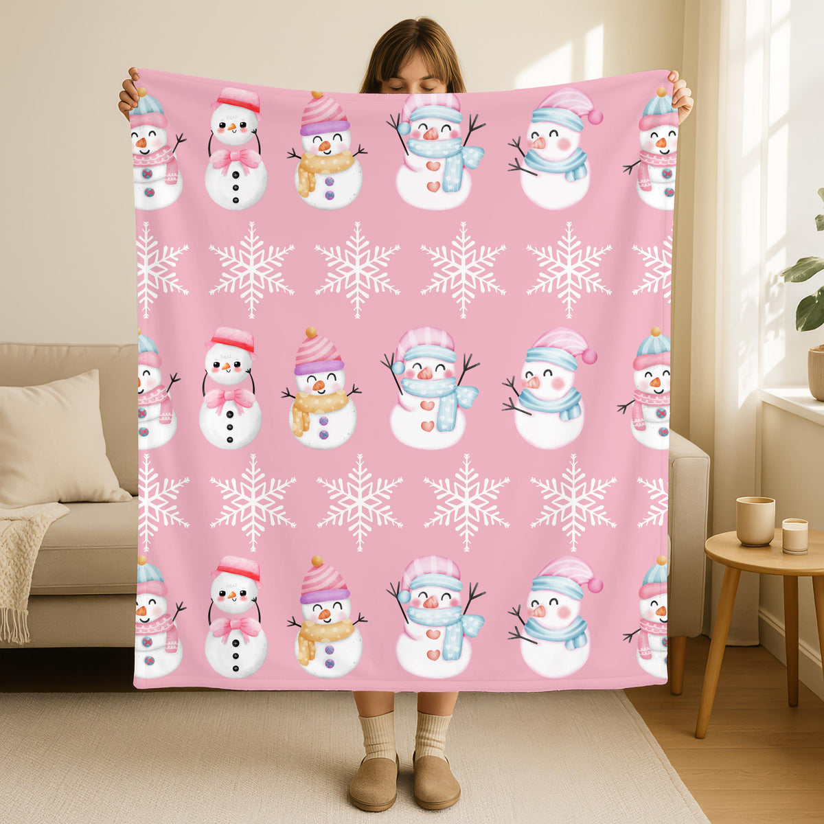 Pink Snowman Blanket, Winter Christmas Indoor Decoration, Snowflakes Great Christmas Gift, Cozy Holiday Gift for Kids, Soft Festive Throw