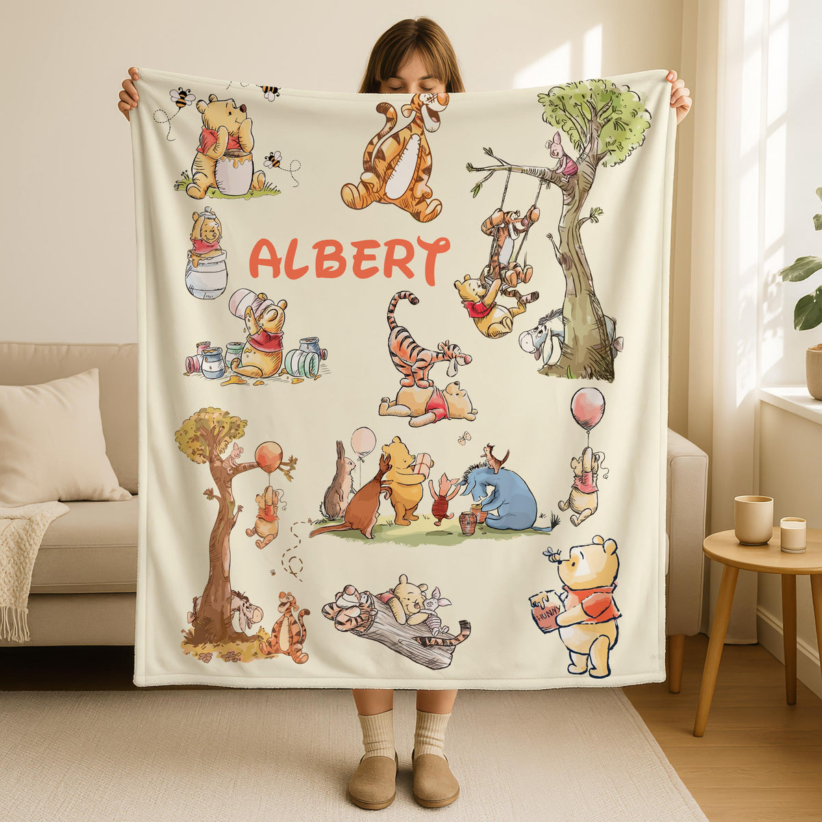 Classic Winnie The Pooh Bear Blanket, Personalized Coquette Bow Pooh&Friends Blanket,Custom Kids Name Gift,Pooh Birthday Blankets,Pooh Bear