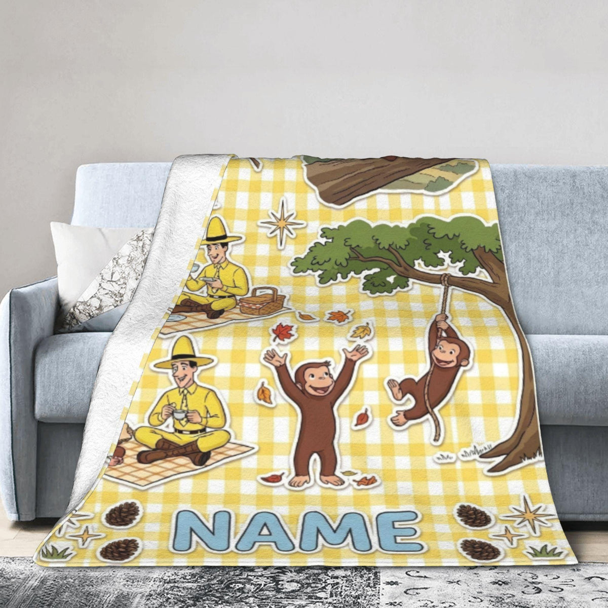 Personalized Curious George Plush Fleece Blanket, Custom Name Throw, Yellow Plaid Picnic Blanket