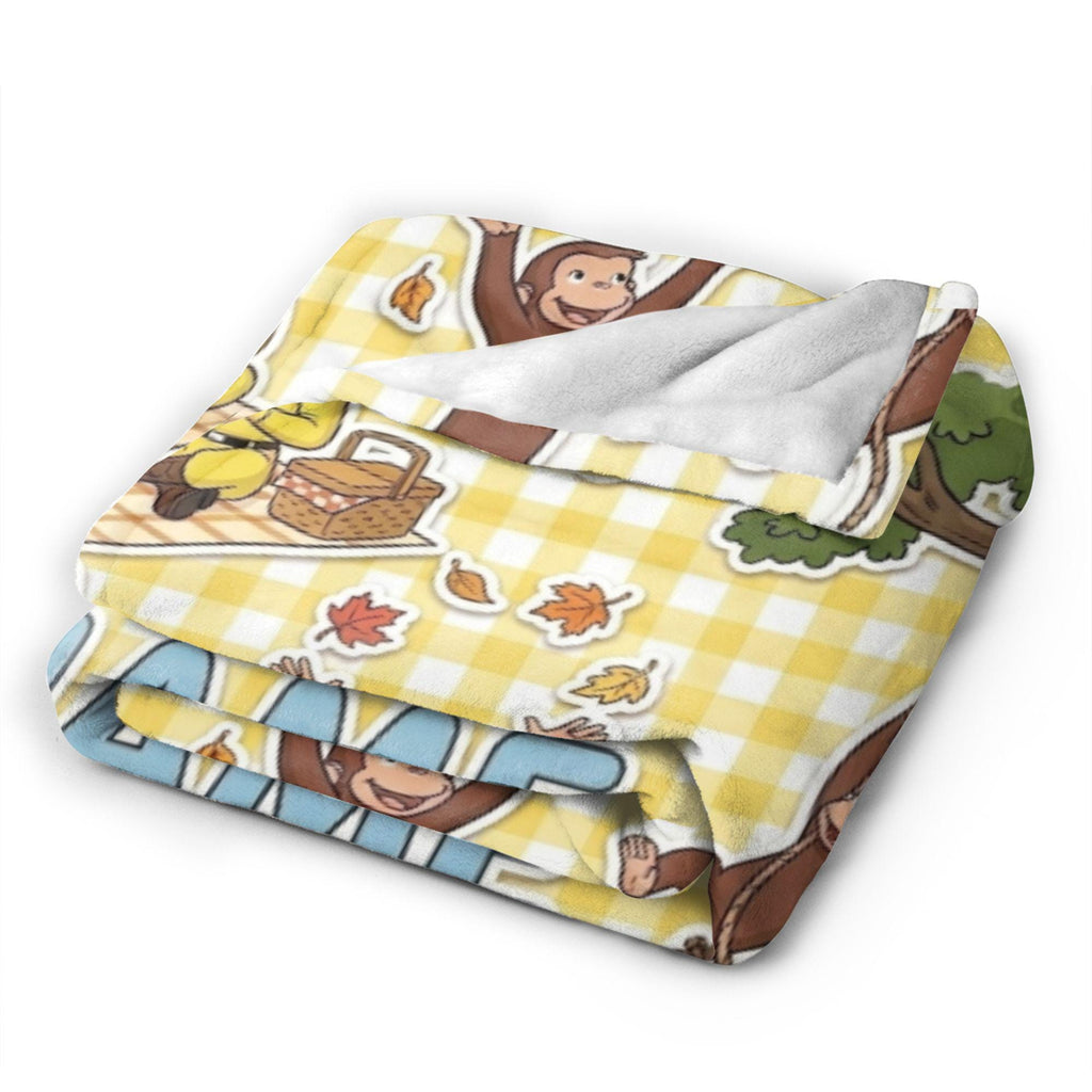 Personalized Curious George Plush Fleece Blanket, Custom Name Throw, Yellow Plaid Picnic Blanket