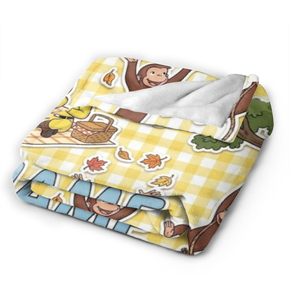 Personalized Curious George Plush Fleece Blanket, Custom Name Throw, Yellow Plaid Picnic Blanket