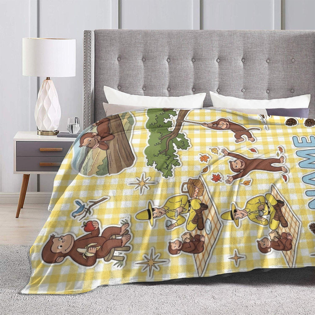 Personalized Curious George Plush Fleece Blanket, Custom Name Throw, Yellow Plaid Picnic Blanket