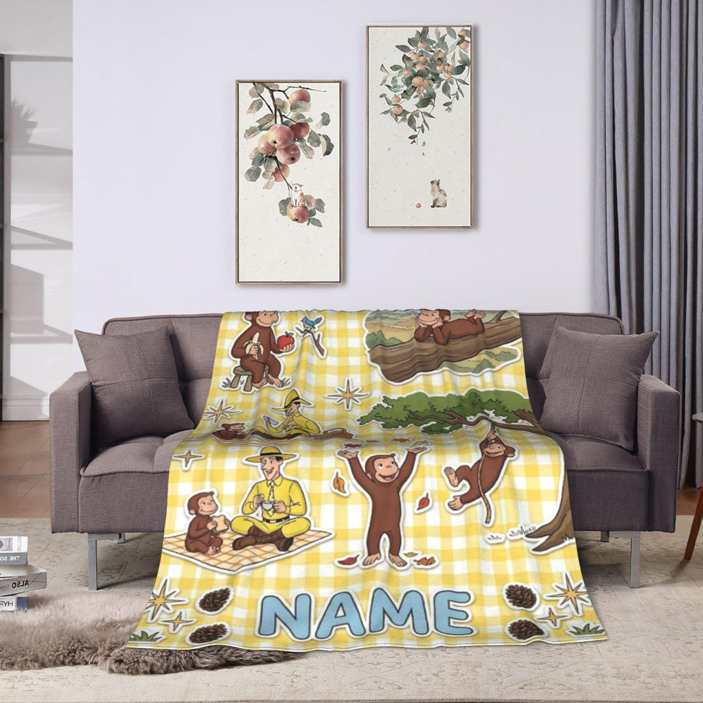 Personalized Curious George Plush Fleece Blanket, Custom Name Throw, Yellow Plaid Picnic Blanket