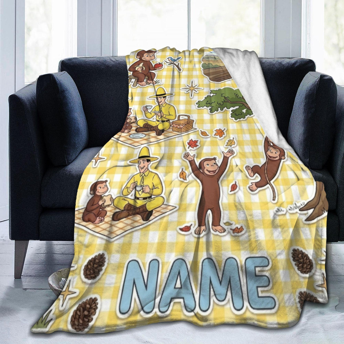 Personalized Curious George Plush Fleece Blanket, Custom Name Throw, Yellow Plaid Picnic Blanket