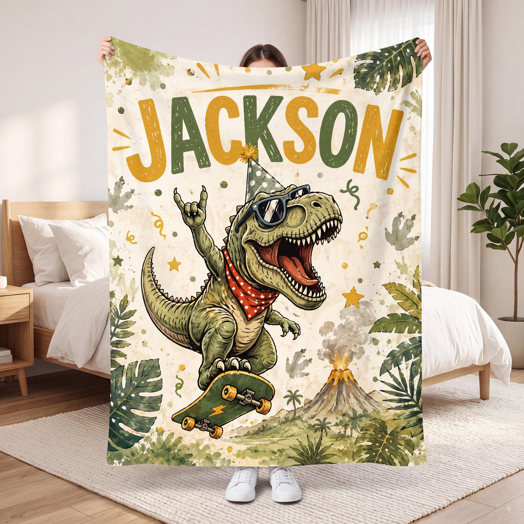 Unique Personalized Dinosaur Blanket Custom Name Soft Flannel Throw Cool Skateboard T-Rex Boys Room Decor Kids Bedding Birthday Gift