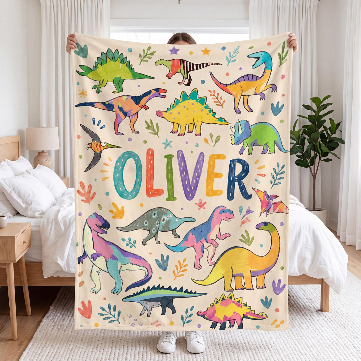 Personalized Dinosaur Blanket, Custom Name Flannel Throw for Kids & Toddler Boys, Cute Nursery Decor, Unique Baby Shower Birthday Gift