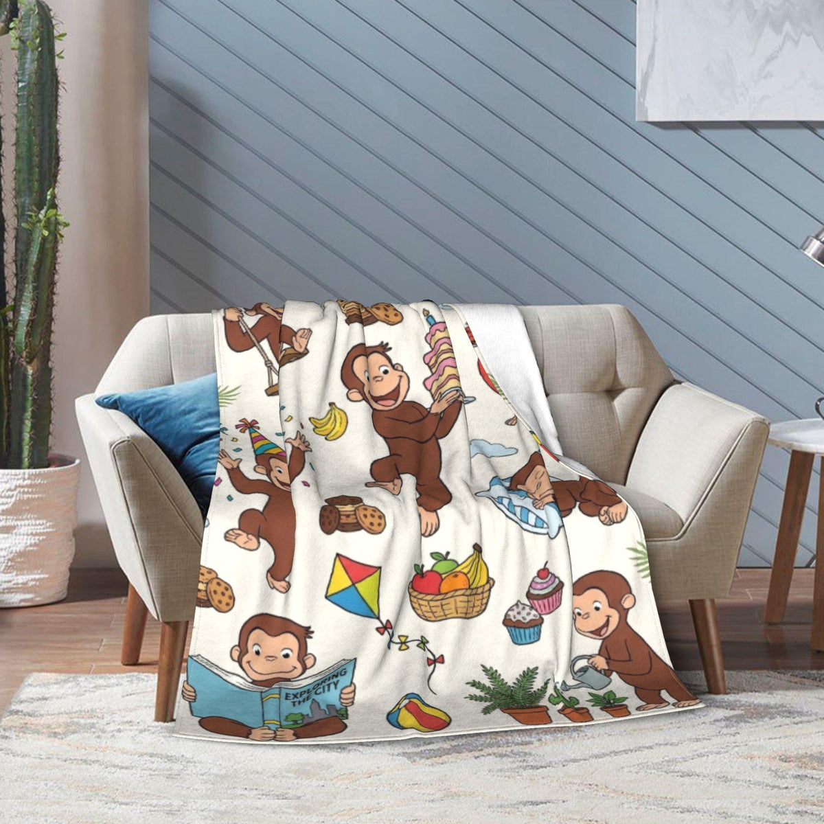 Personalized Curious George Fleece Blanket, Custom Name Birthday Throw, Kids Snuggle Blanket