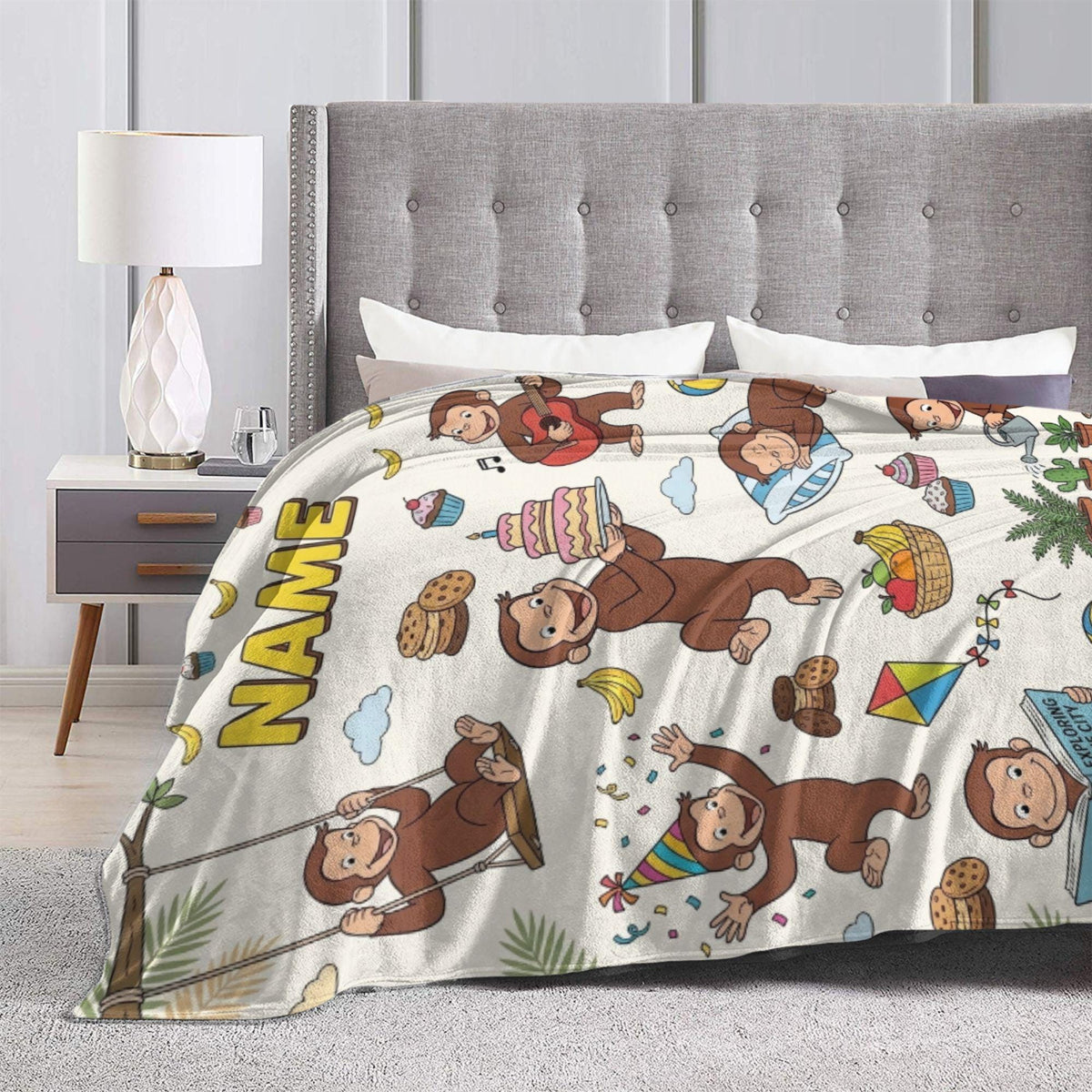 Personalized Curious George Fleece Blanket, Custom Name Birthday Throw, Kids Snuggle Blanket