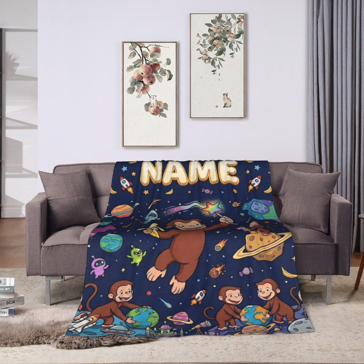 Custom Name Curious George Space Blanket, Outer Space Galaxy Monkey Throw, Kids Cosmic Blanket, Personalized Birthday Gift Boys Girls