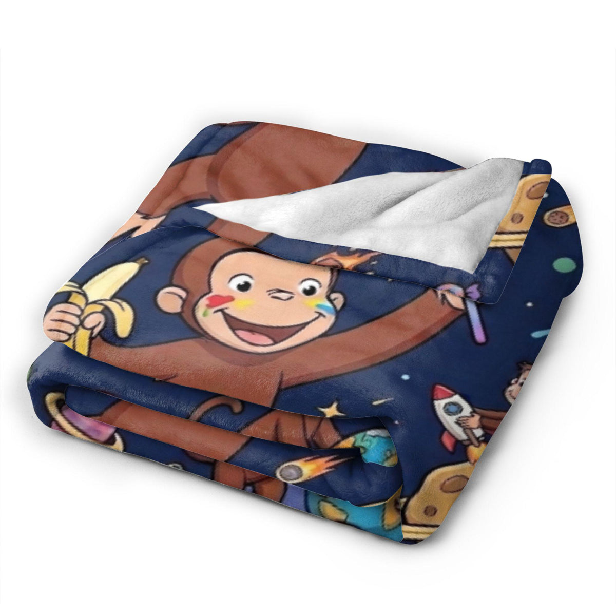 Custom Name Curious George Space Blanket, Outer Space Galaxy Monkey Throw, Kids Cosmic Blanket, Personalized Birthday Gift Boys Girls