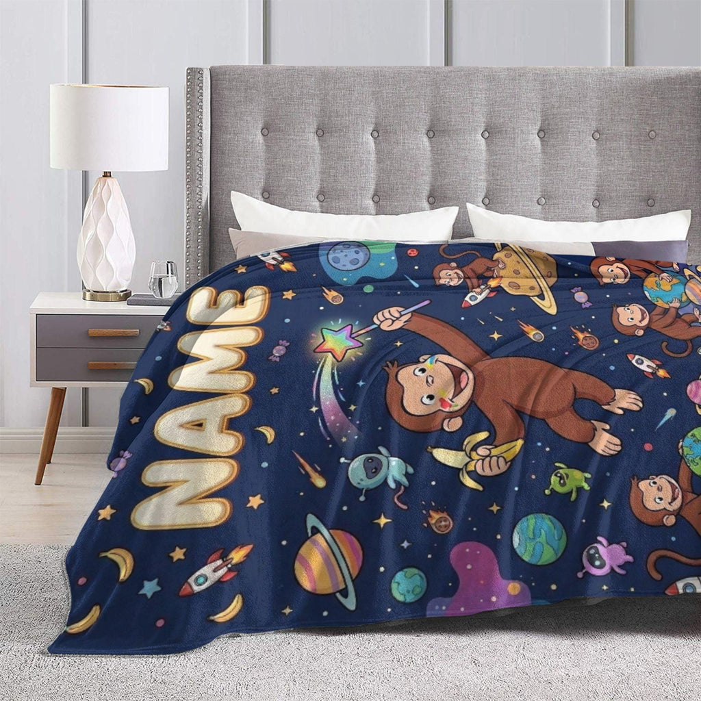 Custom Name Curious George Space Blanket, Outer Space Galaxy Monkey Throw, Kids Cosmic Blanket, Personalized Birthday Gift Boys Girls