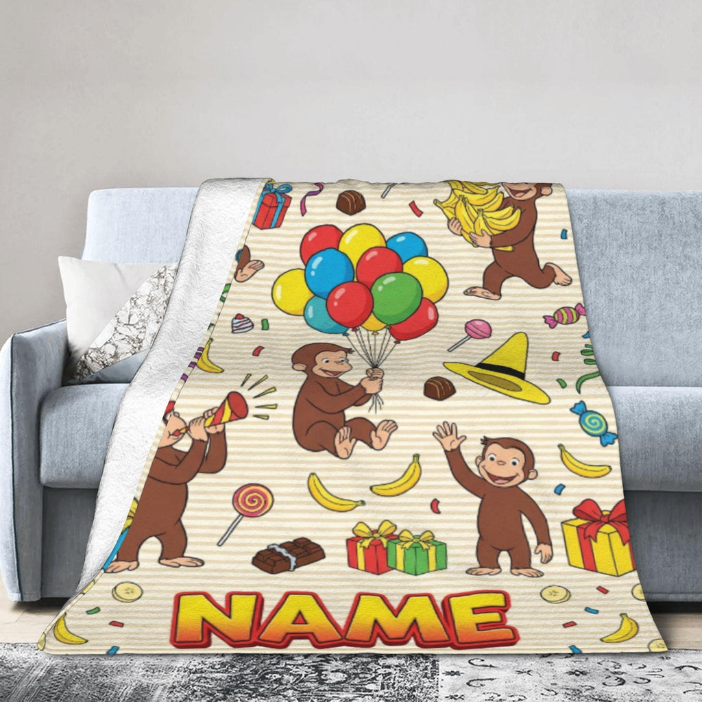 Custom Name Curious George Birthday Fleece Blanket, Party Balloon Monkey Throw