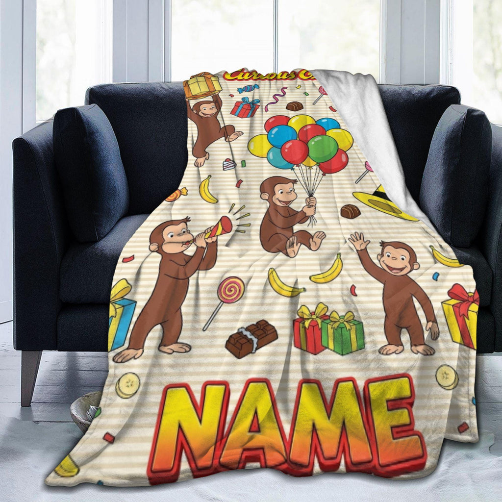 Custom Name Curious George Birthday Fleece Blanket, Party Balloon Monkey Throw